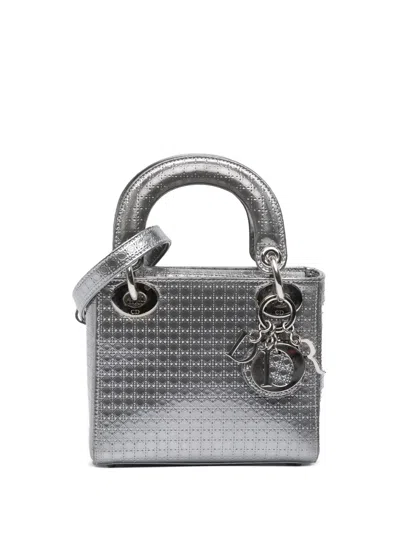 Pre-owned Dior 2016 Mini Metallic Patent Microcannage Lady  Satchel In Silver
