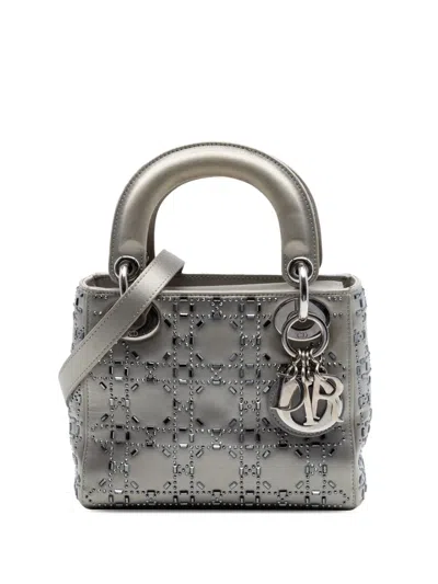 Pre-owned Dior 2016 Mini Satin Cannage Crystal Embellished Lady  Satchel In Gray