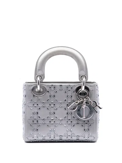 Pre-owned Dior 2016 Mini Satin Cannage Crystal Embellished Lady  Satchel In Gray