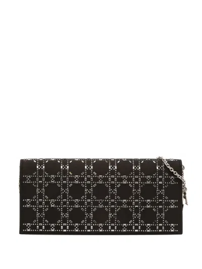Pre-owned Dior 2016 Satin Cannage Crystal Embellished Clutch With Chain Crossbody Bag In Black