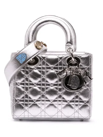 Pre-owned Dior 2016 Small Metallic Grained Calfskin Cannage My Abc Lady  Satchel In Silver