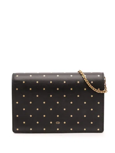 Pre-owned Dior 2017 Calfskin Embossed Stars Wallet On Chain Crossbody Bag In Black