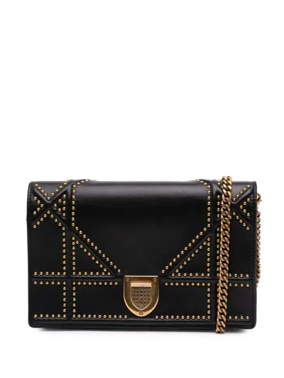 Pre-owned Dior 2017 Calfskin Studded Ama Wallet On Chain Crossbody Bag In Black