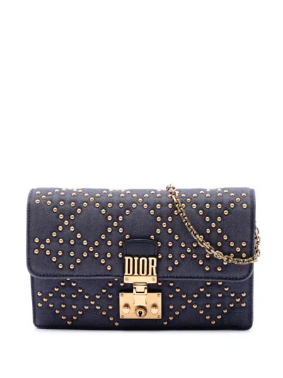 Pre-owned Dior 2017 Denim Cannage Studded Addict Wallet On Chain Crossbody Bag In Blue