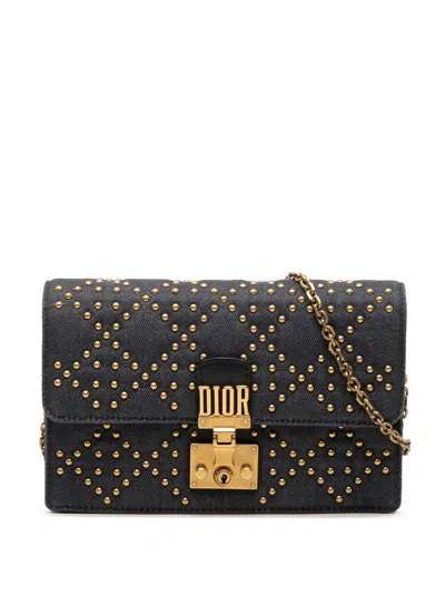 Pre-owned Dior 2017 Denim Cannage Studded Addict Wallet On Chain Crossbody Bag In Blue