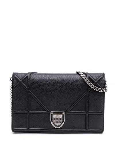 Pre-owned Dior 2017 Grained Calfskin Ama Wallet On Chain Crossbody Bag In Black
