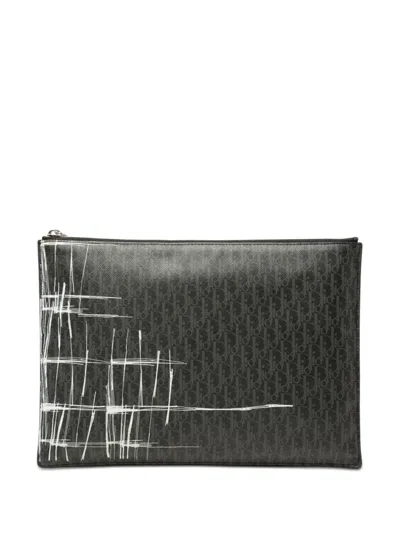 Pre-owned Dior 2017 Homme Printed Issimo Coated Canvas Zip Clutch Bag In Black