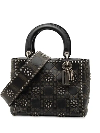 Pre-owned Dior 2017 Medium Calfskin Cannage Embossed Flower Studded Supple Lady  Satchel In Black