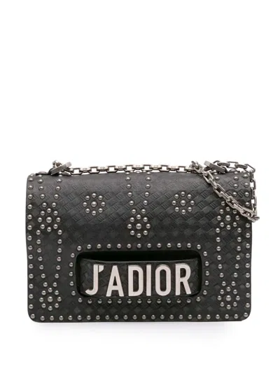 Pre-owned Dior 2017 Medium Embossed Calfskin Studded Ja Chain Flap Shoulder Bag In Black