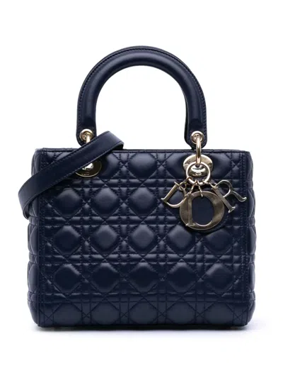 Pre-owned Dior 2017 Medium Lambskin Cannage Lady  Satchel In Blue