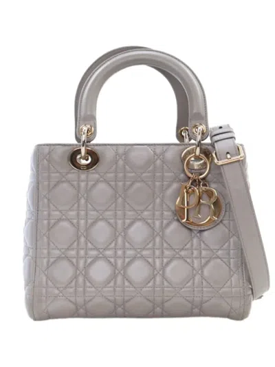 Pre-owned Dior 2017 Medium Lambskin Cannage Lady  Satchel In Gray