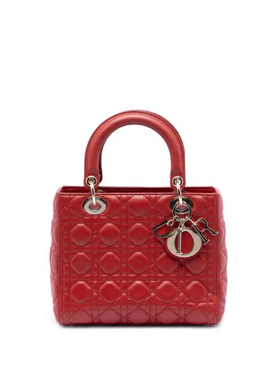 Pre-owned Dior 2017 Medium Lambskin Cannage Lady  Satchel In Red