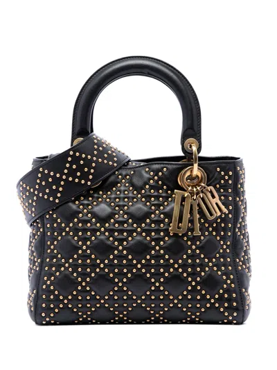 Pre-owned Dior 2017 Medium Lambskin Cannage Studded Supple Lady  Satchel In Black