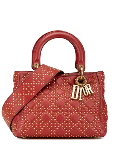 Pre-owned Dior 2017 Medium Lambskin Cannage Studded Supple Lady  Satchel In Red
