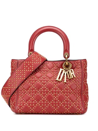 Pre-owned Dior 2017 Medium Lambskin Cannage Studded Supple Lady  Satchel In Red