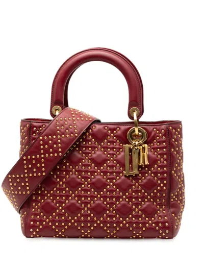 Pre-owned Dior 2017 Medium Lambskin Cannage Studded Supple Lady  Satchel In Red