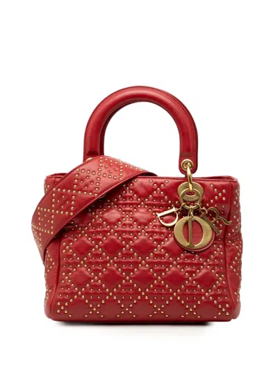 Pre-owned Dior 2017 Medium Lambskin Cannage Studded Supple Lady  Satchel In Red