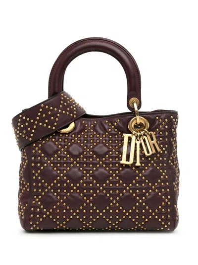 Pre-owned Dior 2017 Medium Lambskin Cannage Studded Supple Lady  Satchel In Red