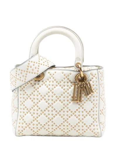 Pre-owned Dior 2017 Medium Lambskin Cannage Studded Supple Lady  Satchel In White