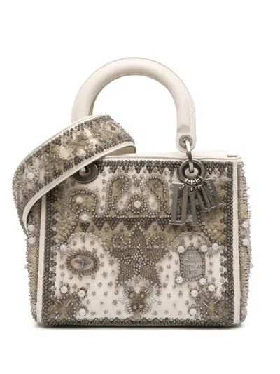 Pre-owned Dior 2017 Medium Lambskin Embroidered And Beaded Lady D Lite Satchel In Brown