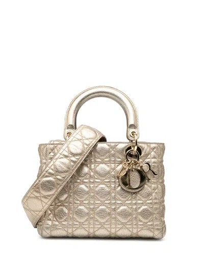 Pre-owned Dior 2017 Medium Metallic Grained Calfskin Cannage Supple Lady  Satchel In Gold