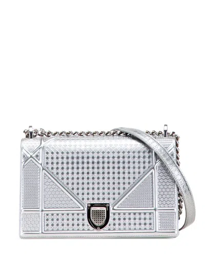 Pre-owned Dior 2017 Medium Metallic Patent Microcannage Ama Flap Crossbody Bag In Silver