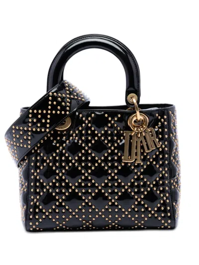 Pre-owned Dior 2017 Medium Patent Cannage Studded Supple Lady  Satchel In Black