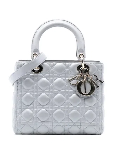Pre-owned Dior 2017 Medium Pearlescent Lambskin Cannage Lady  Satchel In Gray