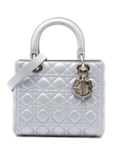 Pre-owned Dior 2017 Medium Pearlescent Lambskin Cannage Lady  Satchel In Gray