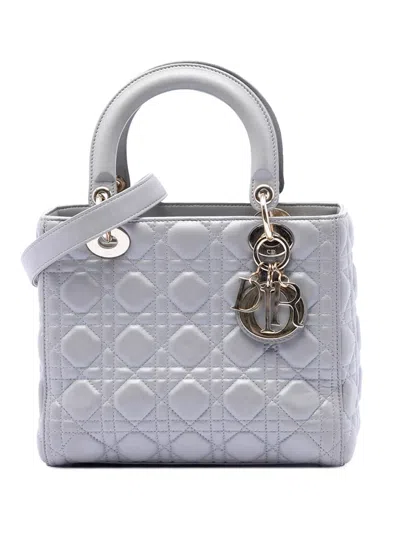 Pre-owned Dior 2017 Medium Pearlescent Lambskin Cannage Lady  Satchel In Gray