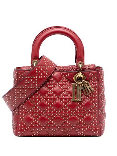 Pre-owned Dior 2017 Medium Studded Calfskin Lady  Handbag In Red