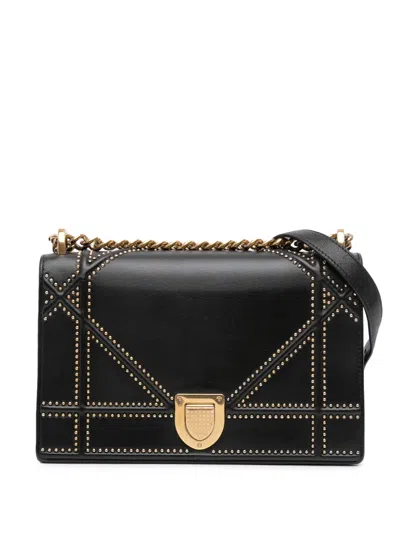 Pre-owned Dior 2017 Medium Studded Lambskin Ama Flap Crossbody Bag In Black