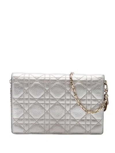 Pre-owned Dior 2017 Metallic Lambskin Cannage Lady  Wallet On Chain Crossbody Bag In Silver