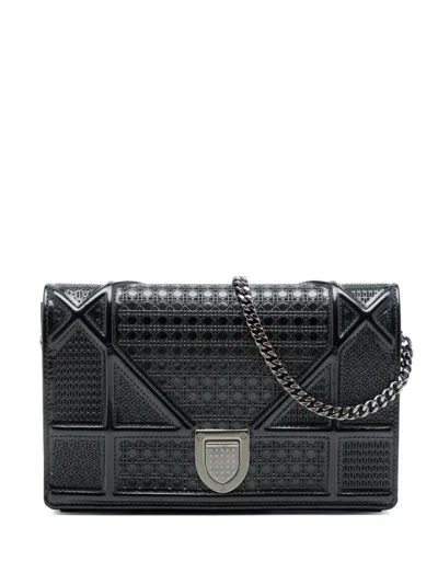 Pre-owned Dior 2017 Metallic Patent Microcannage Ama Wallet On Chain Crossbody Bag In Black