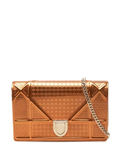 Pre-owned Dior 2017 Metallic Patent Microcannage Ama Wallet On Chain Crossbody Bag In Orange