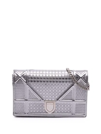 Pre-owned Dior 2017 Metallic Patent Microcannage Ama Wallet On Chain Crossbody Bag In Silver