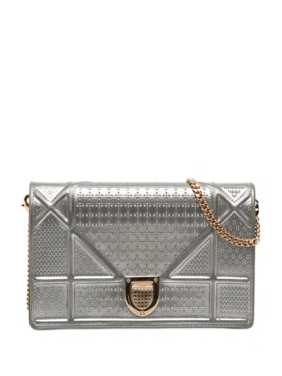 Pre-owned Dior 2017 Metallic Patent Microcannage Ama Wallet On Chain Crossbody Bag In Silver