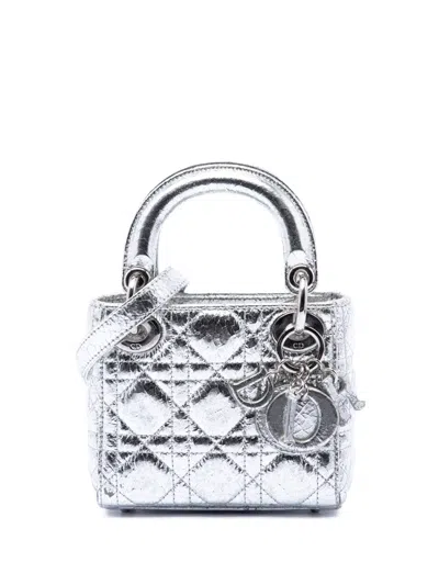 Pre-owned Dior 2017 Micro Metallic Crinkled Calfskin Cannage Lady  Satchel In Silver