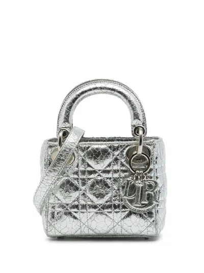 Pre-owned Dior 2017 Micro Metallic Crinkled Calfskin Cannage Lady  Satchel In Silver