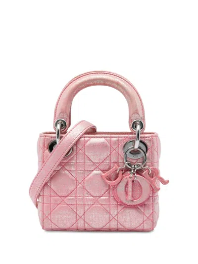Pre-owned Dior 2017 Micro Metallic Iridescent Lambskin Cannage Lady  Satchel In Pink