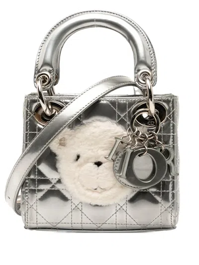 Pre-owned Dior 2017 Micro Metallic Lambskin Cannage Bear Lady  Satchel In Silver