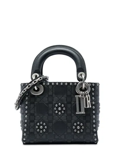 Pre-owned Dior 2017 Mini Calfskin Cannage Studded Flower Lady  Satchel In Black