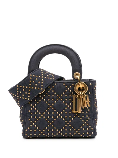 Pre-owned Dior 2017 Mini Denim Cannage Studded Supple Lady  Satchel In Blue