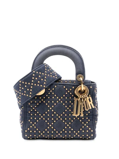 Pre-owned Dior 2017 Mini Denim Cannage Studded Supple Lady  Satchel In Blue
