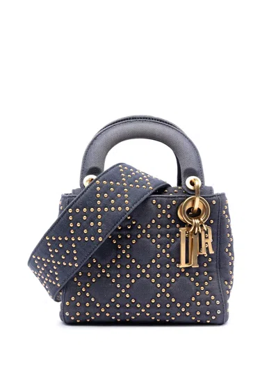 Pre-owned Dior 2017 Mini Denim Cannage Studded Supple Lady  Satchel In Blue