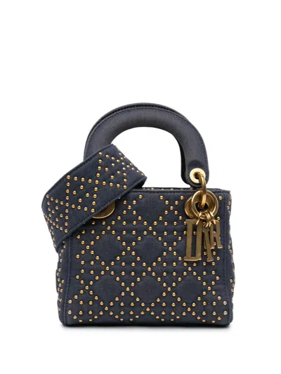 Pre-owned Dior 2017 Mini Denim Cannage Studded Supple Lady  Satchel In Blue