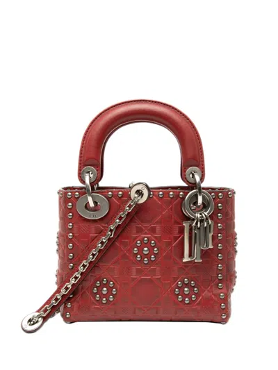 Pre-owned Dior 2017 Mini Embossed Calfskin Cannage Studded Flower Lady  Satchel In Red