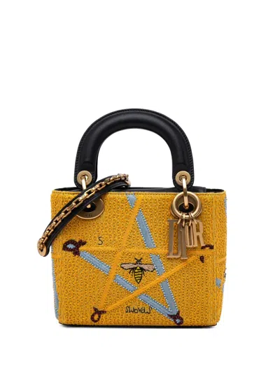 Pre-owned Dior 2017 Mini Embroidered Canvas Swords Lady  Satchel In Yellow
