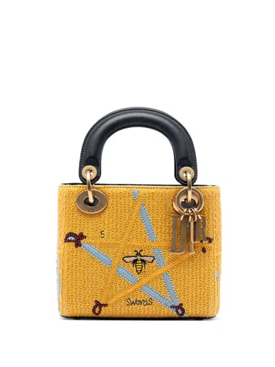 Pre-owned Dior 2017 Mini Embroidered Canvas Swords Lady  Satchel In Yellow