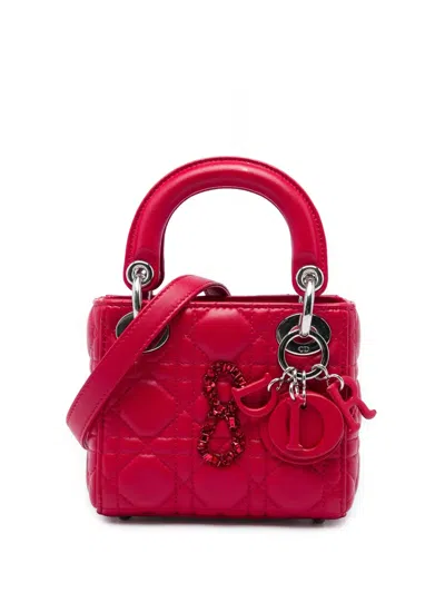 Pre-owned Dior 2017 Mini Lambskin Cannage 8 Crystal Lady  Satchel In Red